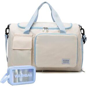 Women White Blue Small Gym Carry On Weekender Travel Duffle Shoe Compartment Bag